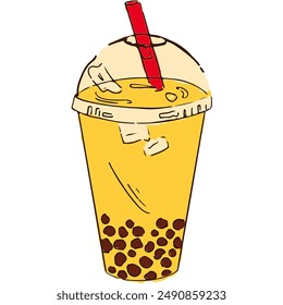 Hand-drawn illustration of a bubble tea drink with a red straw and tapioca pearls. Ideal for menus, food blogs, and beverage-related designs