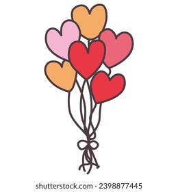 Hand-drawn illustration of a bunch of red and pink heart-shaped balloons.