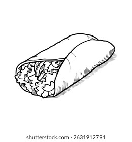 A hand-drawn illustration of a burrito wrapped in a tortilla. The burrito is filled with lettuce, beans, and other ingredients, showcasing a simple and appetizing design.