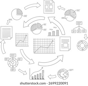 A hand-drawn illustration of business data analysis, statistics, and charts. The graphic shows a flow of information, reports, and diagrams for strategic planning.