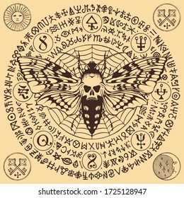 Hand-drawn illustration with a butterfly Dead head with skull-shaped pattern on the thorax. Vector banner in retro style with a moth on the background of illegible scribbles written in a circle