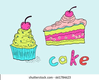 Hand-drawn illustration of a cake, cupcake and handwritten inscription. Colored sketch.