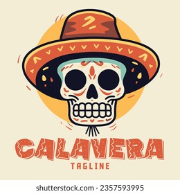 Hand-drawn illustration of a Calavera mascot, a cute skull with a Mexican hat, in a cartoon logo