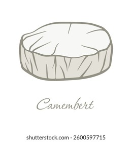 Hand-drawn illustration of a Camembert cheese wheel with a textured rind. Ideal for food packaging, menus, culinary posters, recipe cards, and kitchen art.