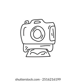 Hand-drawn illustration of a camera with a photo coming out of it.