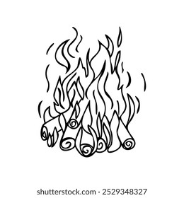 Ilustração desenhada à mão de uma fogueira com toras em chamas. Design simples em preto-e-branco perfeito para projetos de acampamento, sobrevivência e temáticos externos. Ideal para conceitos ecológicos e rústicos