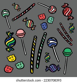 Hand-drawn illustration of candies, lollipop, sugar in wrapper, and bear gums. Vector set of sweets and candies isolated on grey background.
