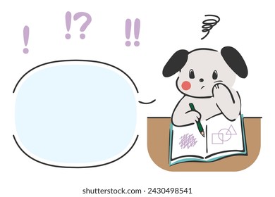 Ilustración dibujada a mano de un pensamiento canino mientras estudia y un globo de habla.