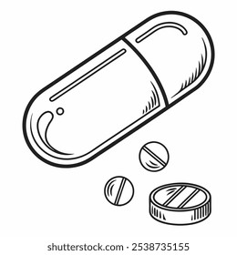 Hand-drawn illustration of a capsule and pills, perfect for medical, pharmaceutical, or health-related projects. This simple yet detailed design is ideal for adding a vintage touch to your designs.