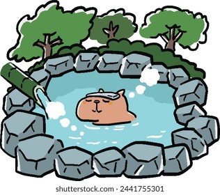 Hand-drawn illustration of a capybara taking an open-air bath in the mountains