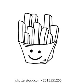 Ilustración dibujada a mano de un cartón de patatas fritas con una cara sonriente en el recipiente.