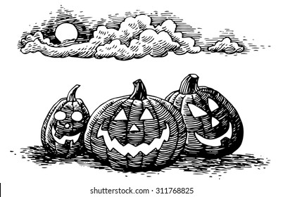 Hand-drawn illustration of a carved pumpkin under a full moon on Halloween night.