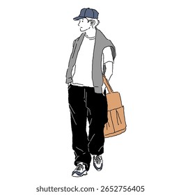 Hand-drawn illustration of a casually dressed young man wearing a cap and carrying a tote bag. Perfect for summer, daily life, or fashion content.

