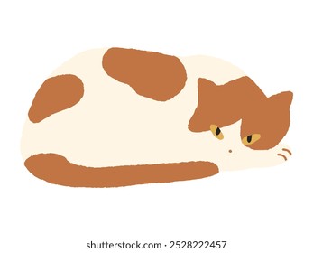 Hand-drawn illustration of a cat lying down and gazing directly at the viewer. Modern and minimalist feline drawing in shades of brown and beige. Flat vector illustration isolated on white background