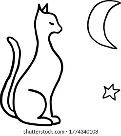 
hand-drawn illustration of a cat with the moon and stars halloween doodle black and white hand-drawn