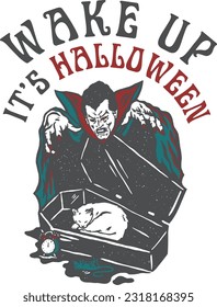 Hand-drawn illustration of a cat sleeping in a coffin, with the Halloween text