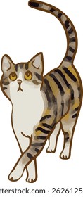 A hand-drawn illustration of a cat walking while looking up.