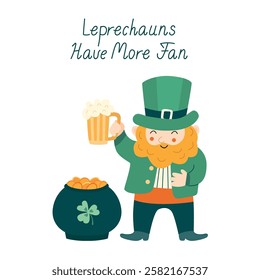 Hand-drawn illustration with a cheerful leprechaun, beer mug, pot of gold, and festive lettering. Perfect for greeting cards, posters, and holiday decorations