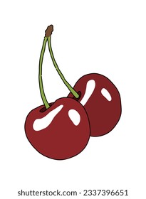 Ilustración a mano de la cereza, fruto representativo del verano. Las cerezas son rojas y son fruto del cerezo.