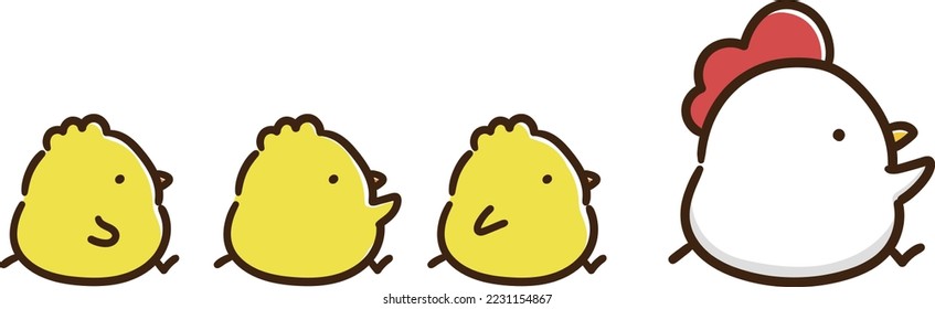 A hand-drawn illustration of a chick and a chicken parent and child walking together, easy to use when the family goes out for trips, shopping, picnics, etc.