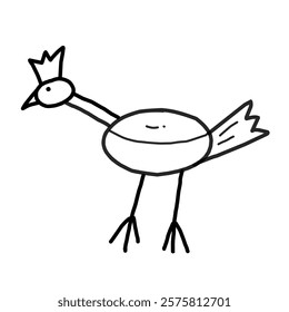 Hand-Drawn Illustration of a Chicken with Simplistic Design. A minimalistic black and white hand-drawn illustration featuring a bird adorned with a crown. Characterized by its playful and simple style