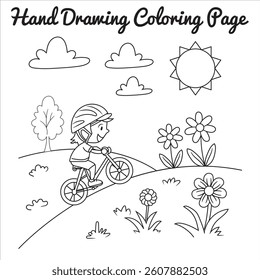 A hand-drawn illustration of a child riding a bicycle through a grassy field with colorful flowers, under a bright sunny sky.