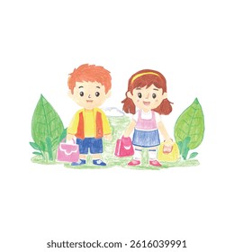 Hand-Drawn Illustration of Children Carrying Bags in a Green Nature Setting