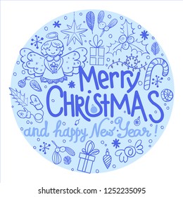 Hand-drawn illustration of a Christmas objects: presents, omela, angel, holly berry, sweets, christmas balls. Vector doodle style illustration for new year.
