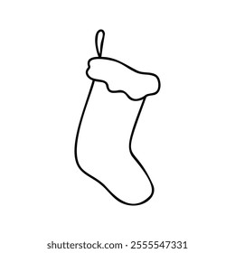 Hand-drawn illustration of a Christmas stocking. Perfect for holiday decorations, crafting, and festive designs. Simple black outline art for creative and seasonal projects