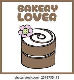 Hand-drawn illustration of a cinnamon roll with icing, a smiling flower, Vector