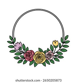 Illustration dessinée à la main d'un cadre circulaire orné de roses jaunes et de feuilles vertes.  Style simple.