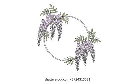 Ilustración dibujada a mano de un marco circular adornado con flores de glicina púrpura en cascada y hojas verdes sobre un fondo blanco.