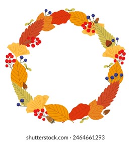 Hand-drawn illustration circular frame with red fallen leaves, acorns and chestnuts  with white edge shadow