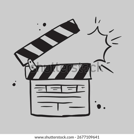 A hand-drawn illustration of a clapperboard, commonly used in filmmaking, with a simple, sketchy style on a gray background.