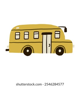 Hand-drawn illustration of a classic yellow school bus, capturing a whimsical and playful style. Perfect for educational themes, children's books, or school-related designs