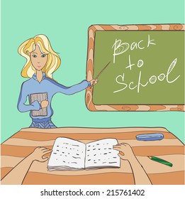Hand-drawn illustration of classroom in 1 september with teacher