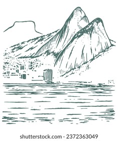 Ilustración hecha a mano del paisaje costero de la ciudad de Río de Janeiro, Brasil. Arte en líneas libres y depuradas que representan el mar y las montañas.