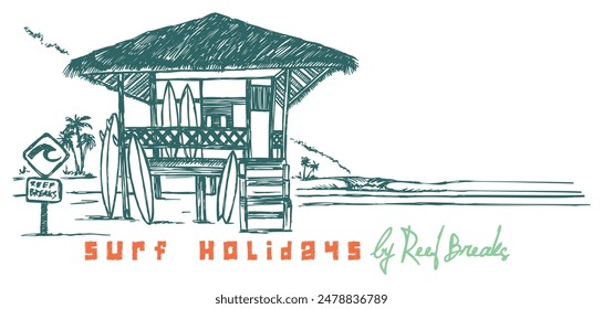 Hand-drawn illustration of coastal landscape with rustic bungalow and surfboards.