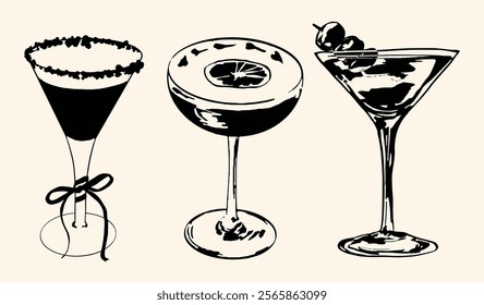 Hand-drawn illustration of cocktail drinks set. Perfect for cocktail-themed designs. Ideal for bar menus, drink recipe cards, or cocktail-related branding projects.