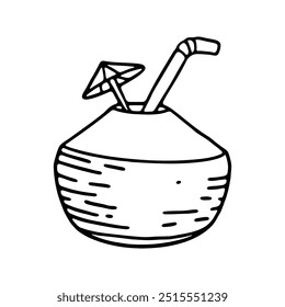 hand-drawn illustration of a coconut drink with a straw and a small umbrella.