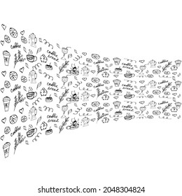 hand-drawn illustration of a coffee set consists of a cup of fragrant grains, coffee sprigs, a teapot, cookies, sugar, and a cocktail. Vector illustration in doodle style on a white background
