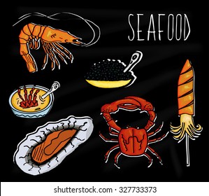 Handdrawn illustration from the collection of seafood. The old school blackboard with colorful colorful marine animals. Vector illustration