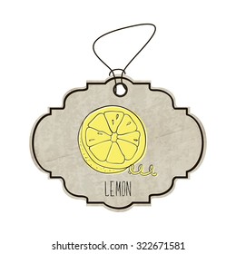 Handdrawn illustration from the collection of spices and herbs. The old label in retro style with colorful fragrant lemon. Vector illustration