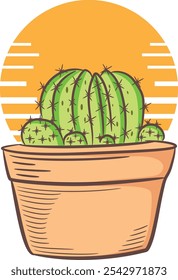 Hand-drawn illustration of a colored cactus on an orange background