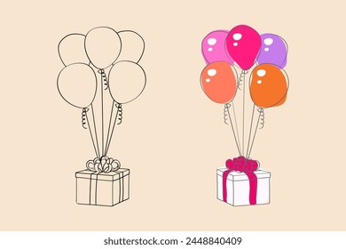 Eine handgezeichnete Illustration von bunten Geschenkboxen mit Bändern und Luftballons, die darüber schweben. Die Luftballons sind in verschiedenen Größen und Farben erhältlich und verleihen der Szene eine festliche Note