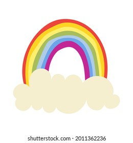 Hand-drawn illustration of a colorful rainbow with a cloud. Cute cartoon illustration. Flat design isolated on white.