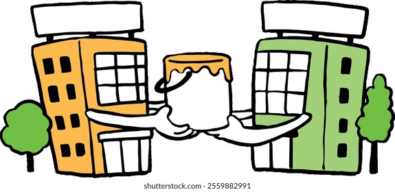 Hand-drawn illustration of a company handing over paint.