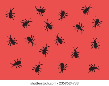Hand-drawn illustration of computer bugs. Bugs are depicted on a red background. Doodle style vector.