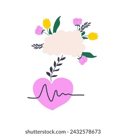 Handdrawn illustration of connection between heart and brain surrounded by colourful flowers. Vector wellbeing concept.