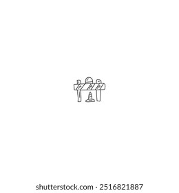 Ilustración dibujada a mano de un sitio de construcción con cinta de precaución, conos y un casco. Gráfico de Vector simple en blanco y negro para la construcción, el trabajo en carretera o el control del tráfico.